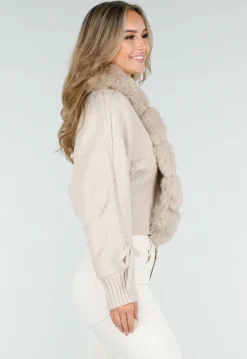 Beige Gebreid Vest met Nepbontkraag en Strikdetails