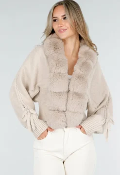 Beige Gebreid Vest met Nepbontkraag en Strikdetails