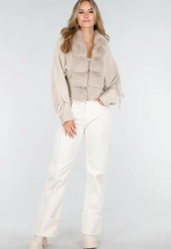 Beige Gebreid Vest met Nepbontkraag en Strikdetails
