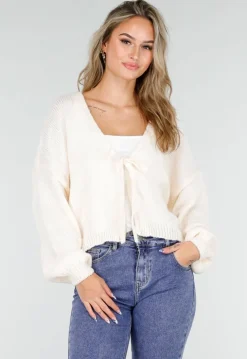 Beige Gebreid Vest met Strik aan de Voorzijde