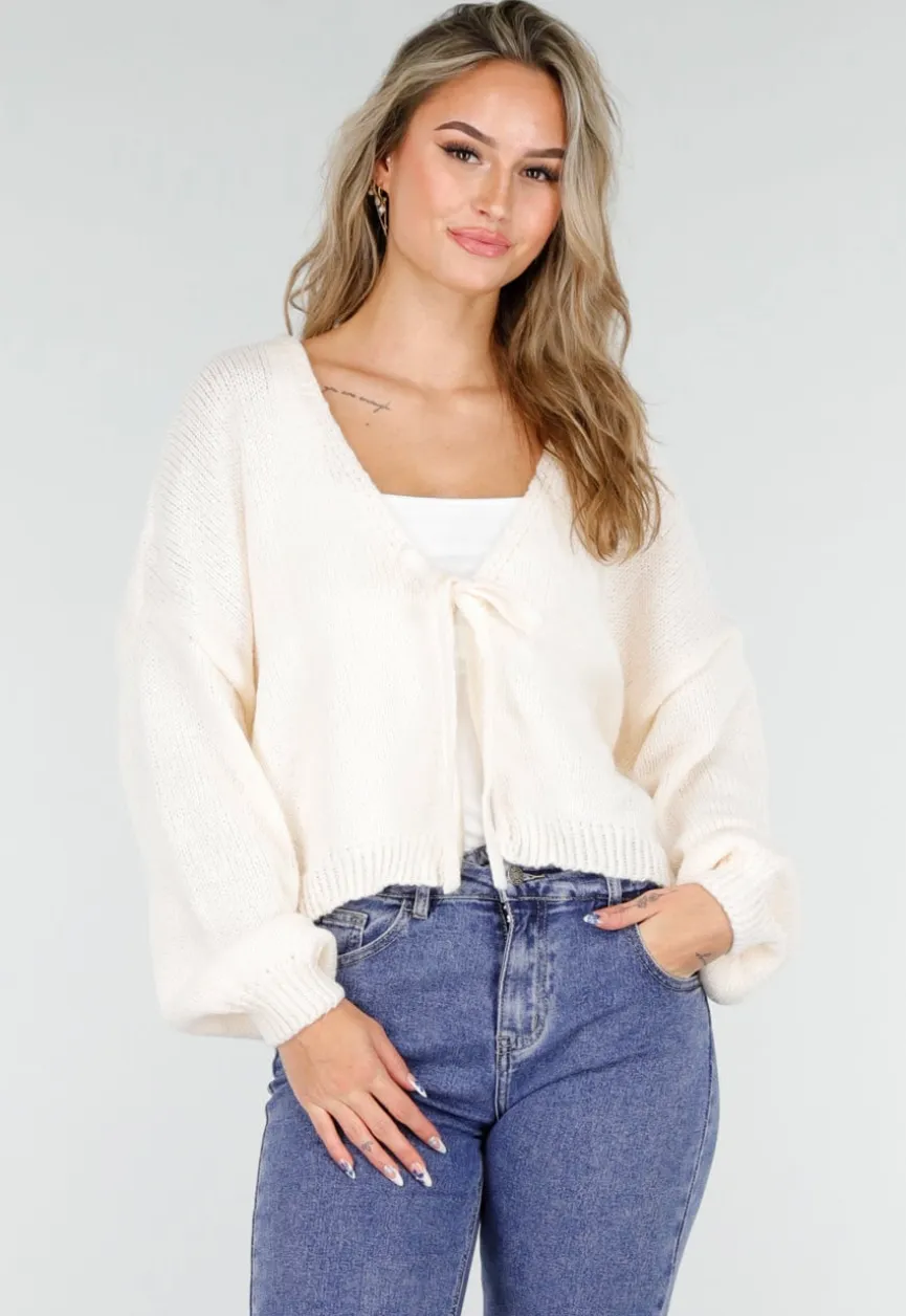 Beige Gebreid Vest met Strik aan de Voorzijde