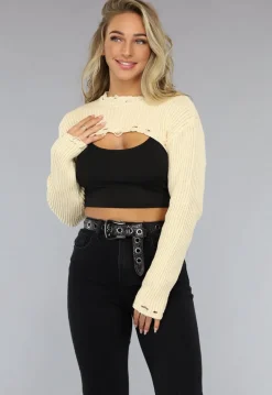 Beige Gehaakt Bolero Truitje met Gescheurde Look