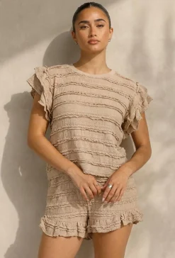 Beige Gehaakte Co-ord Set met Ruffle Mouwen