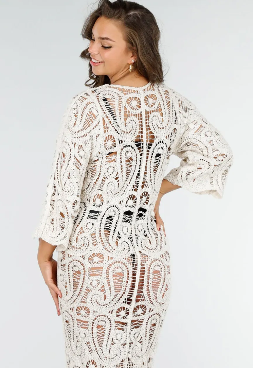 Beige Gehaakte Cover-up Jurk Vest met V-Hals en Lange Mouwen