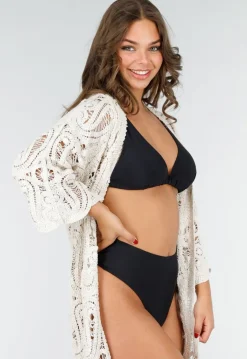 Beige Gehaakte Cover-up Jurk Vest met V-Hals en Lange Mouwen