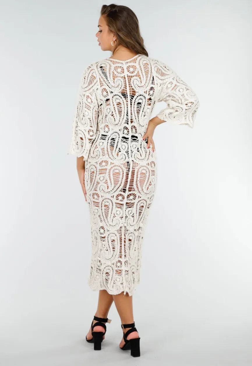 Beige Gehaakte Cover-up Jurk Vest met V-Hals en Lange Mouwen