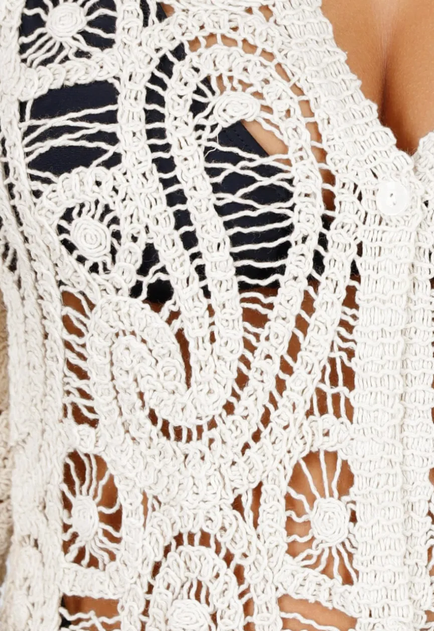 Beige Gehaakte Cover-up Jurk Vest met V-Hals en Lange Mouwen