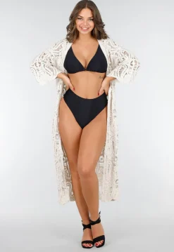 Beige Gehaakte Cover-up Jurk Vest met V-Hals en Lange Mouwen
