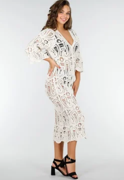 Beige Gehaakte Cover-up Jurk Vest met V-Hals en Lange Mouwen