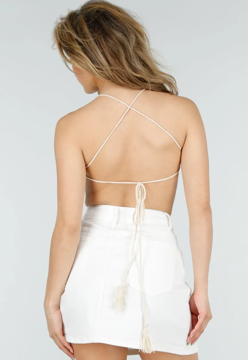 Beige Gehaakte Halter Top met Open Rug