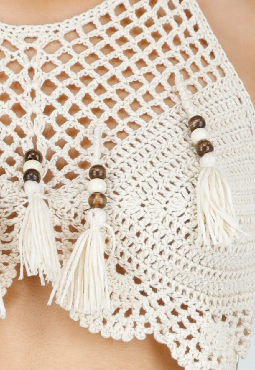 Beige Gehaakte Halter Top met Open Rug