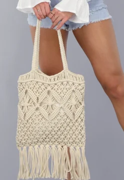 Beige Gehaakte Strandtas met Franjes
