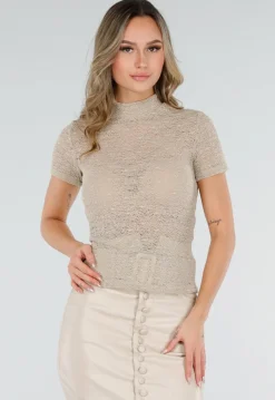 Beige Gehaakte Top met Korte Mouwen en Col
