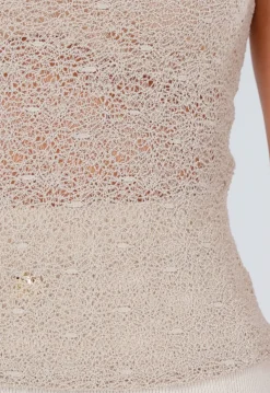 Beige Gehaakte Top met Korte Mouwen en Col