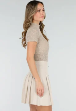 Beige Gehaakte Top met Korte Mouwen en Col