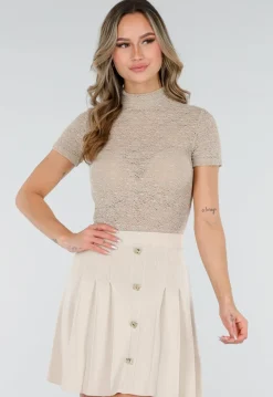Beige Gehaakte Top met Korte Mouwen en Col