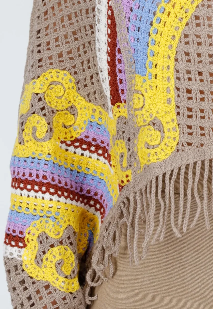 Beige Gehaakte Top met Regenboogprint en Franjes