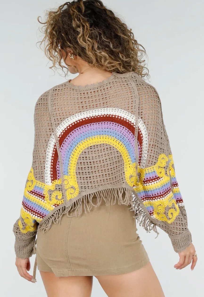 Beige Gehaakte Top met Regenboogprint en Franjes