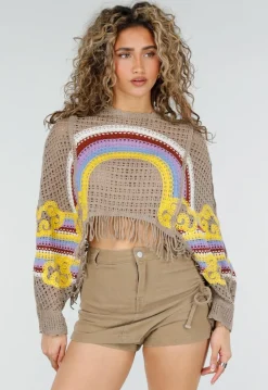 Beige Gehaakte Top met Regenboogprint en Franjes