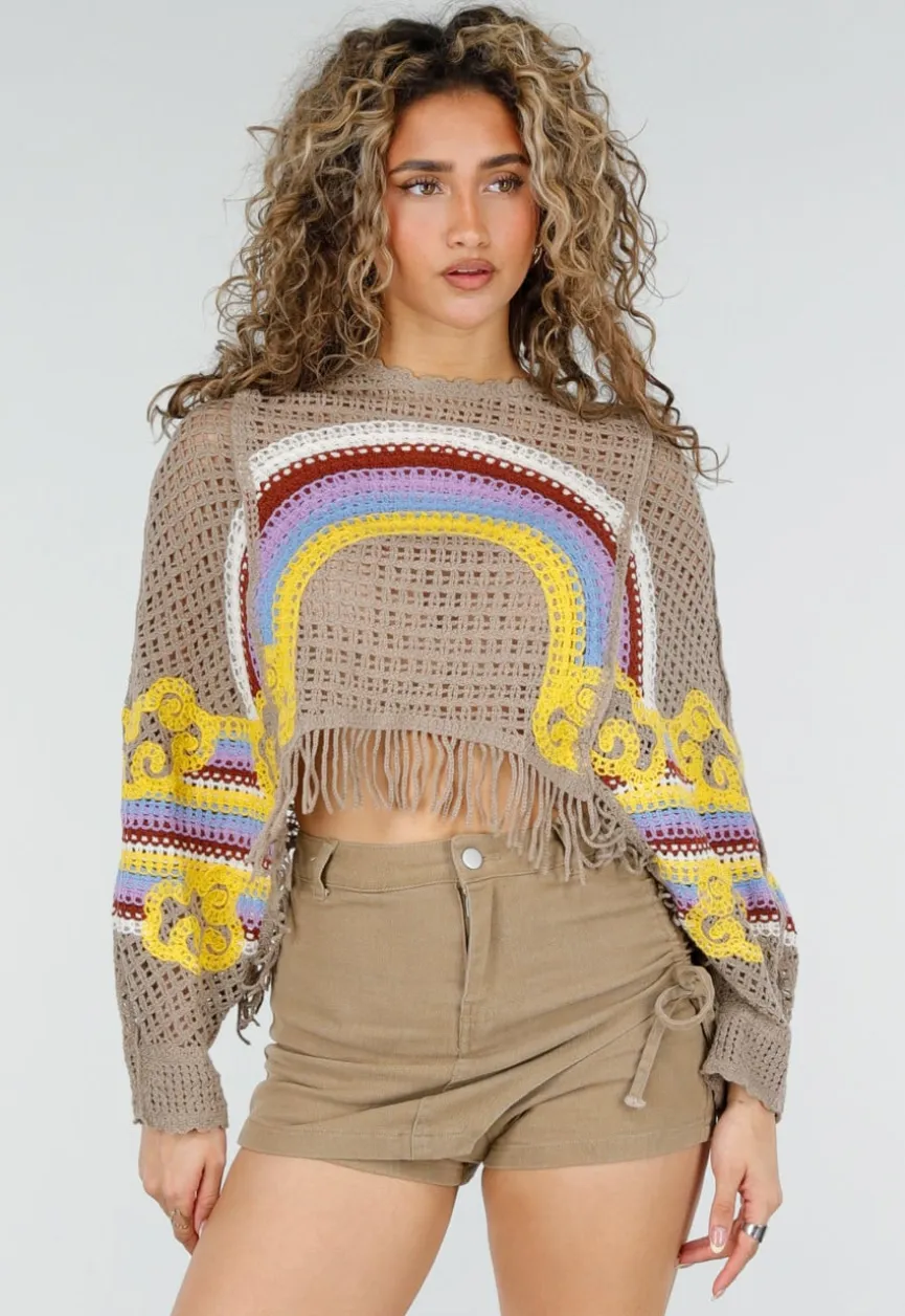 Beige Gehaakte Top met Regenboogprint en Franjes