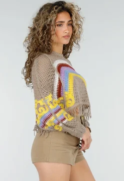 Beige Gehaakte Top met Regenboogprint en Franjes
