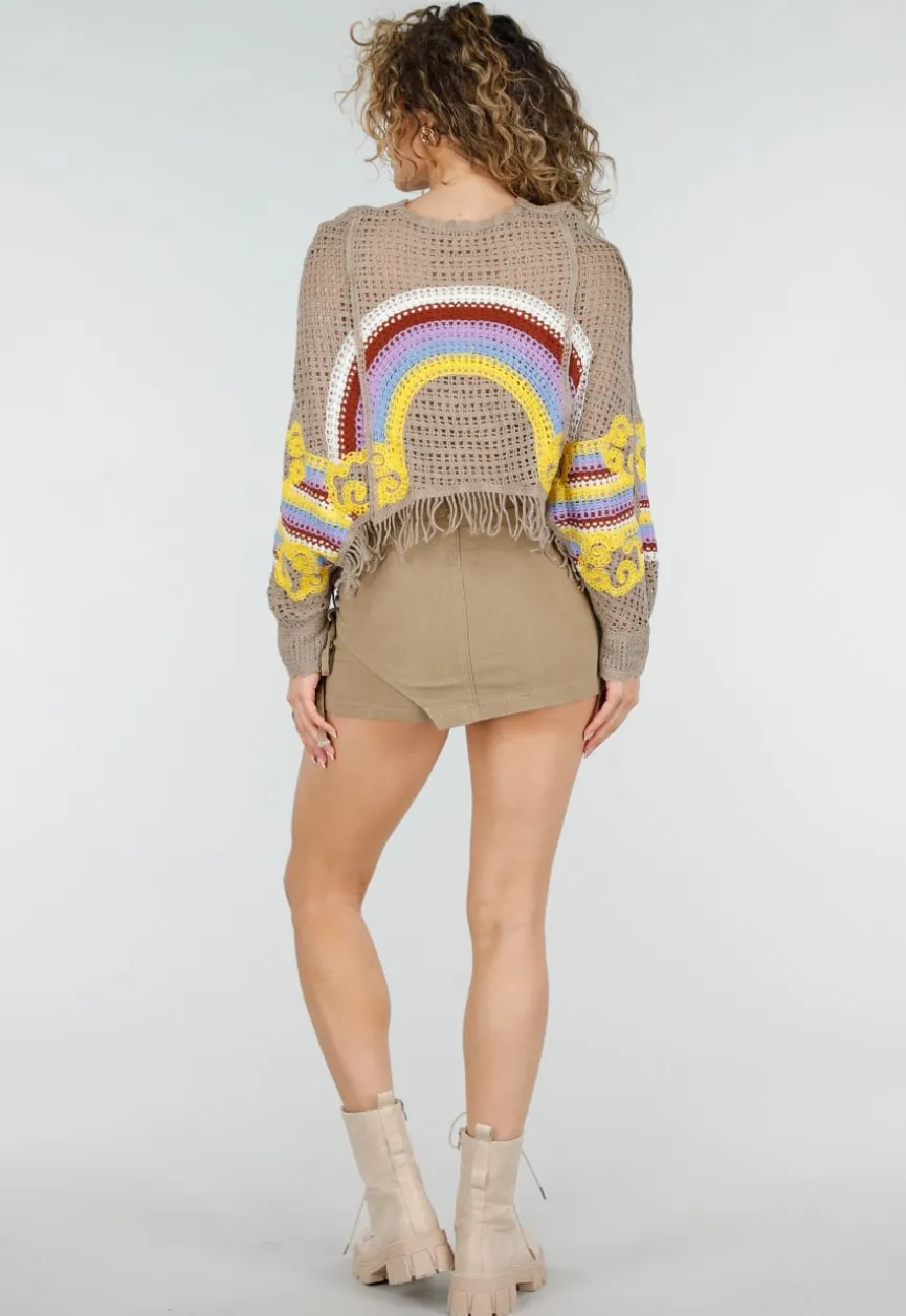Beige Gehaakte Top met Regenboogprint en Franjes