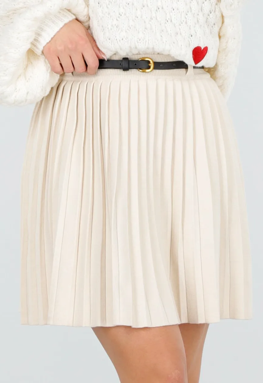 Beige Geplooide Plissé Rok met Riem