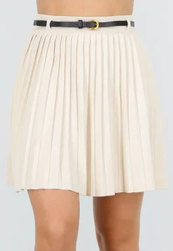 Beige Geplooide Plissé Rok met Riem