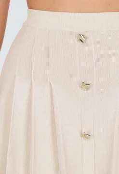 Beige Geplooide Rok met Sierknopen en Stretch