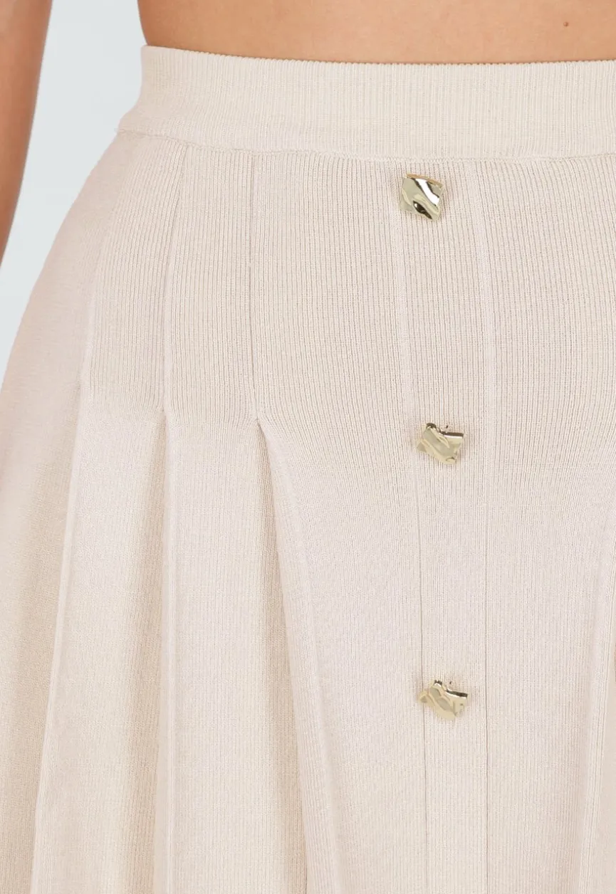 Beige Geplooide Rok met Sierknopen en Stretch