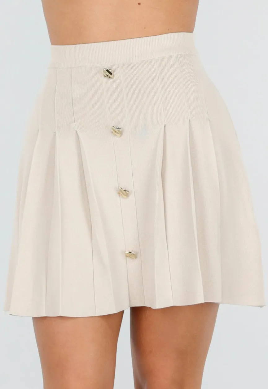Beige Geplooide Rok met Sierknopen en Stretch