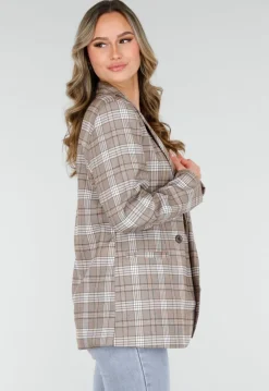 Beige Geruite Blazer met Schoudervullingen