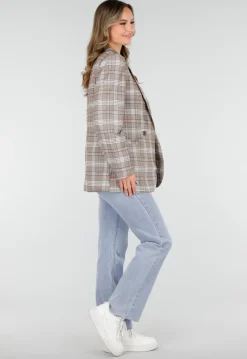 Beige Geruite Blazer met Schoudervullingen