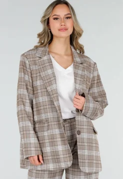 Beige Geruite Blazer met Schoudervullingen