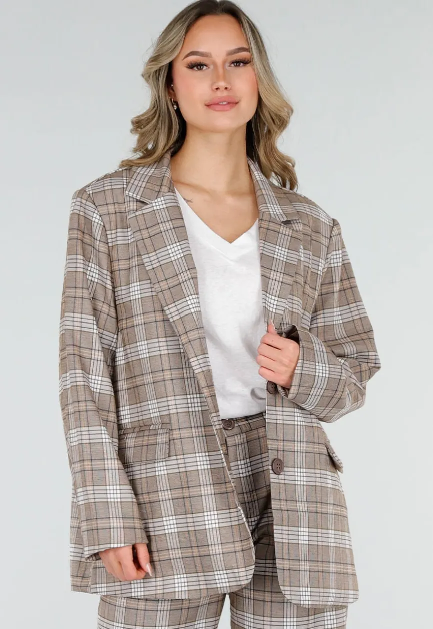 Beige Geruite Blazer met Schoudervullingen