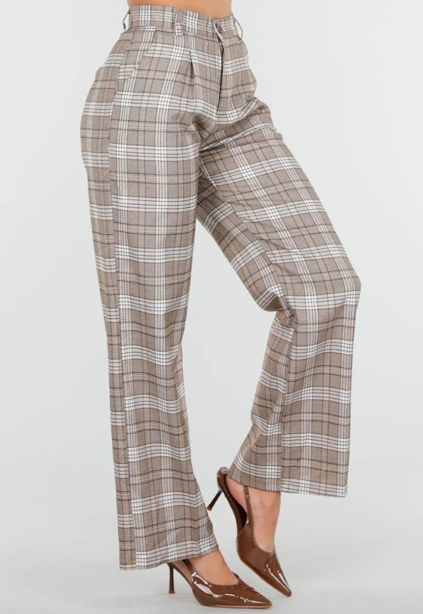 Beige Geruite Pantalon Straight Leg