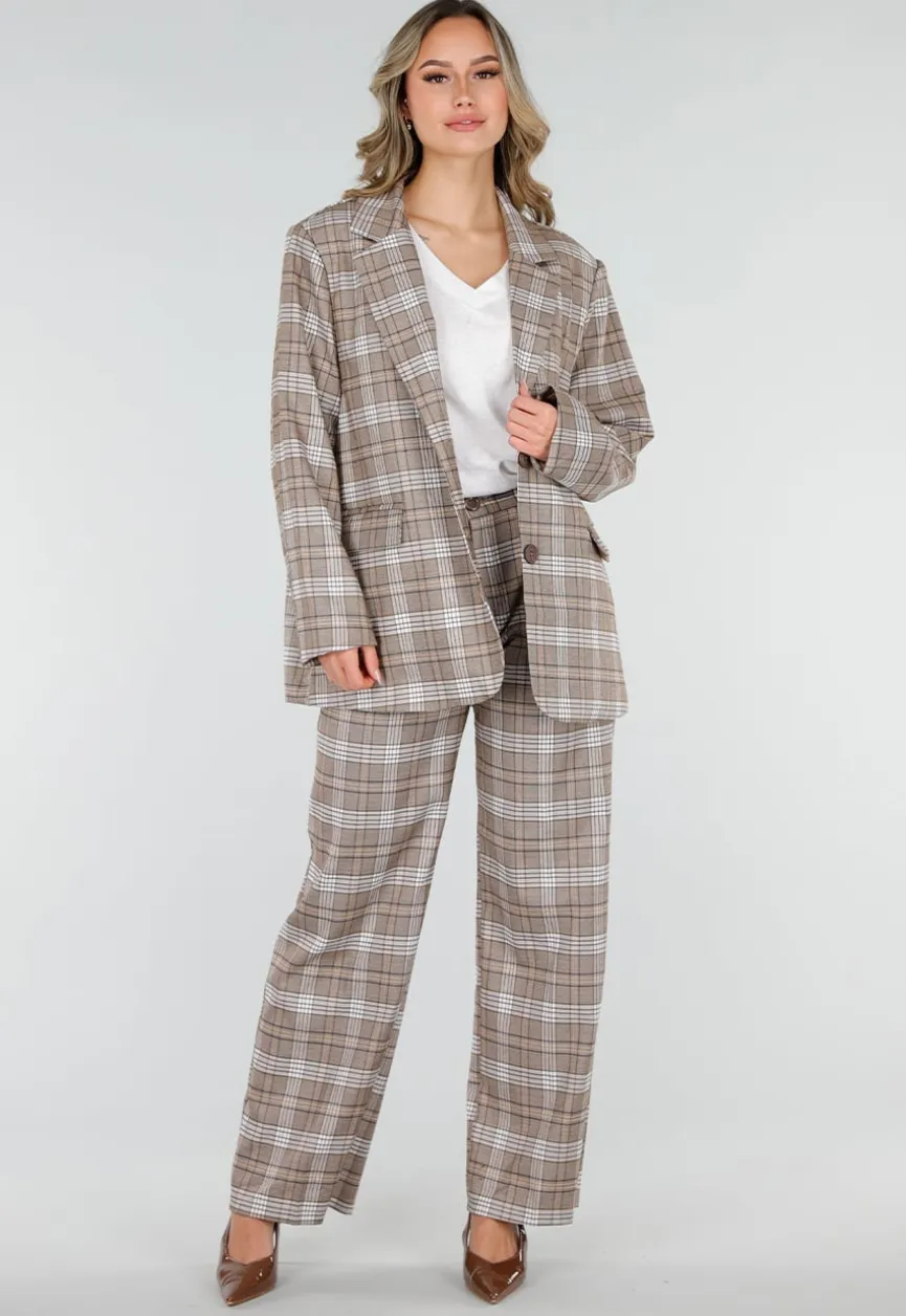 Beige Geruite Pantalon Straight Leg