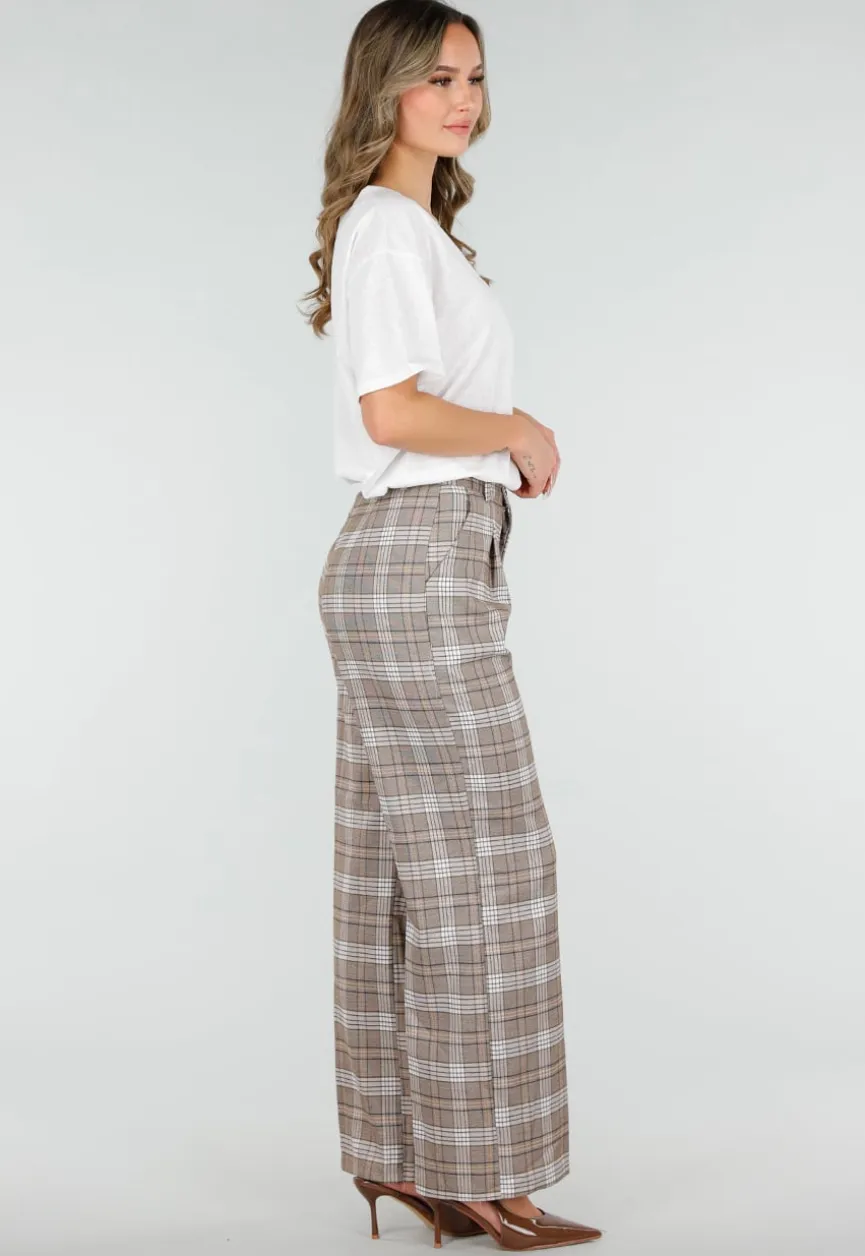 Beige Geruite Pantalon Straight Leg
