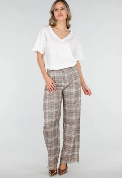 Beige Geruite Pantalon Straight Leg