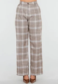Beige Geruite Pantalon Straight Leg