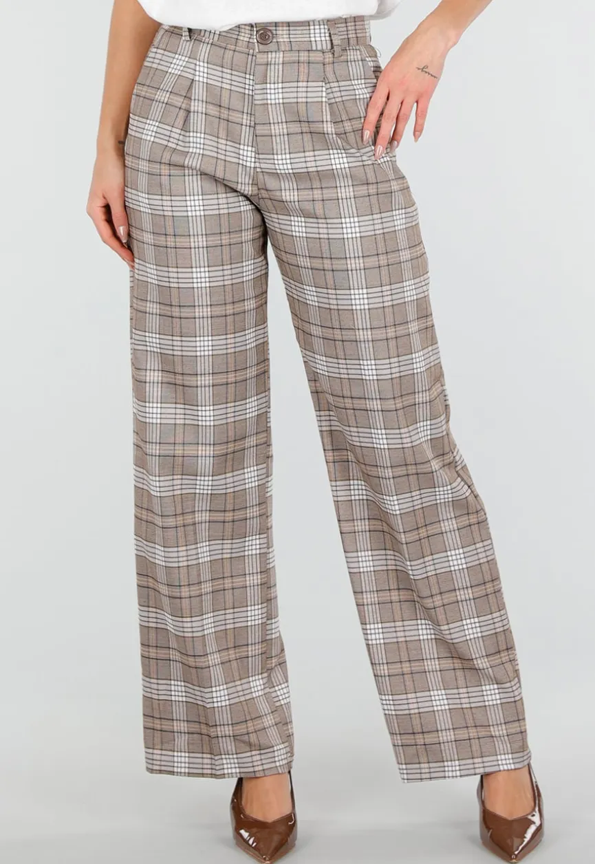 Beige Geruite Pantalon Straight Leg