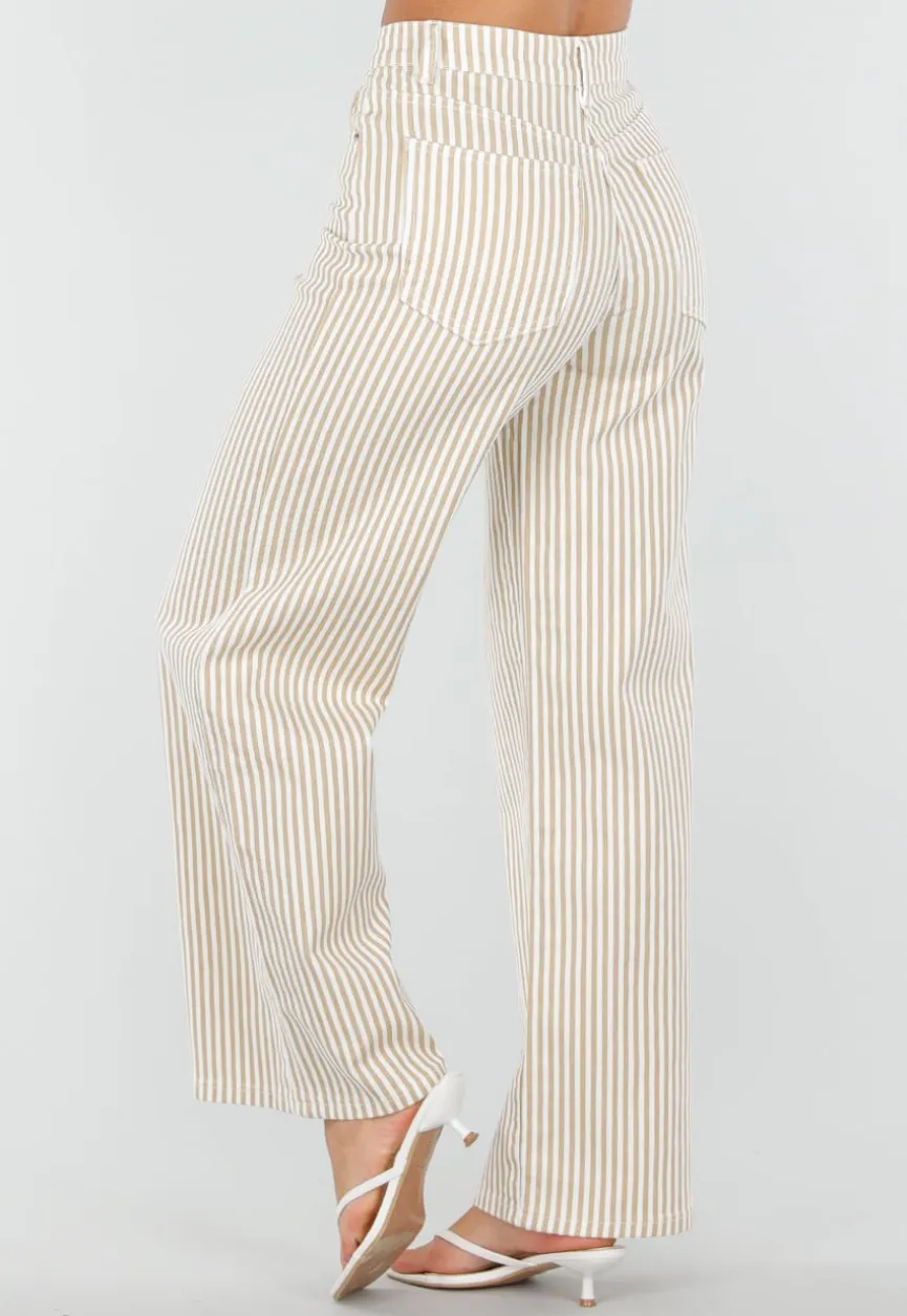 Beige Gestreepte Wide Leg Broek met Lichte Stretch