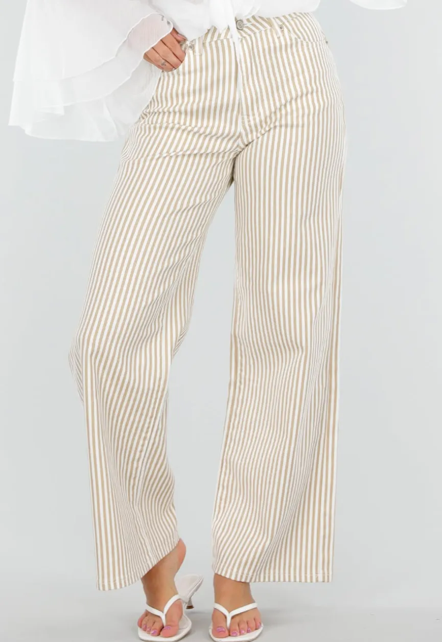 Beige Gestreepte Wide Leg Broek met Lichte Stretch