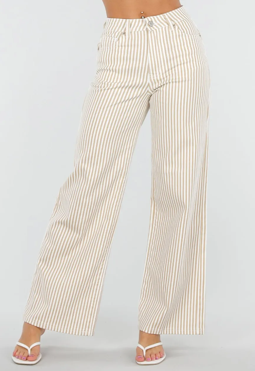 Beige Gestreepte Wide Leg Broek met Lichte Stretch