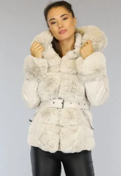 Beige Gewatteerde Winterjas met Bont en Riem