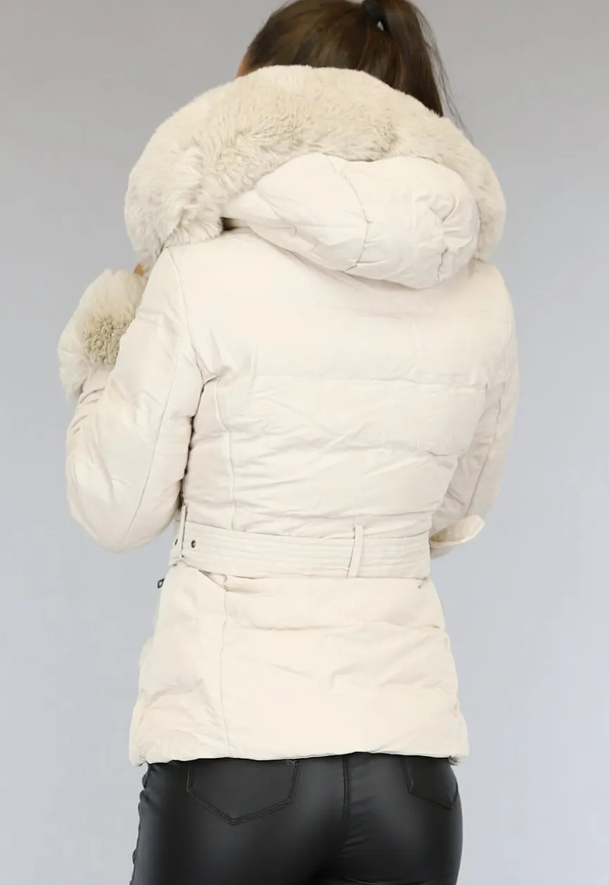 Beige Gewatteerde Winterjas met Bont en Riem