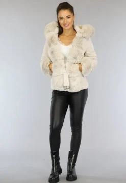 Beige Gewatteerde Winterjas met Bont en Riem