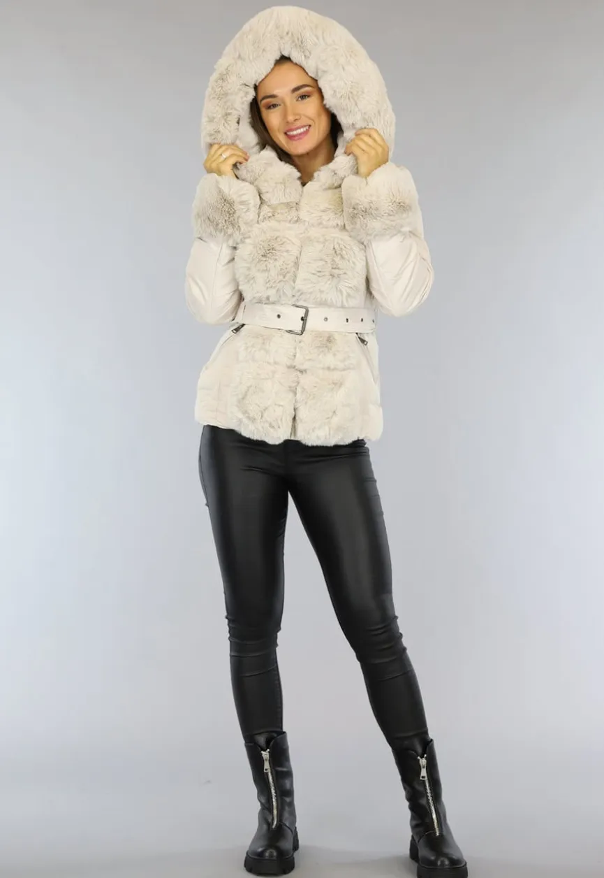 Beige Gewatteerde Winterjas met Bont en Riem