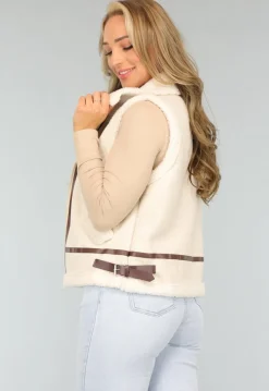 Beige Gilet met Teddy Voering en Gesp Details