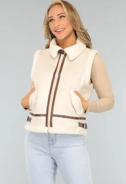 Beige Gilet met Teddy Voering en Gesp Details